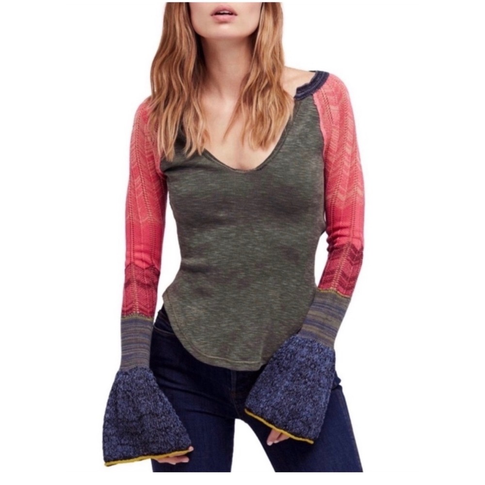 We The Free Sunshine Thermal Top M Green Pink Mixed Media Bell Sleeve Boho Top
